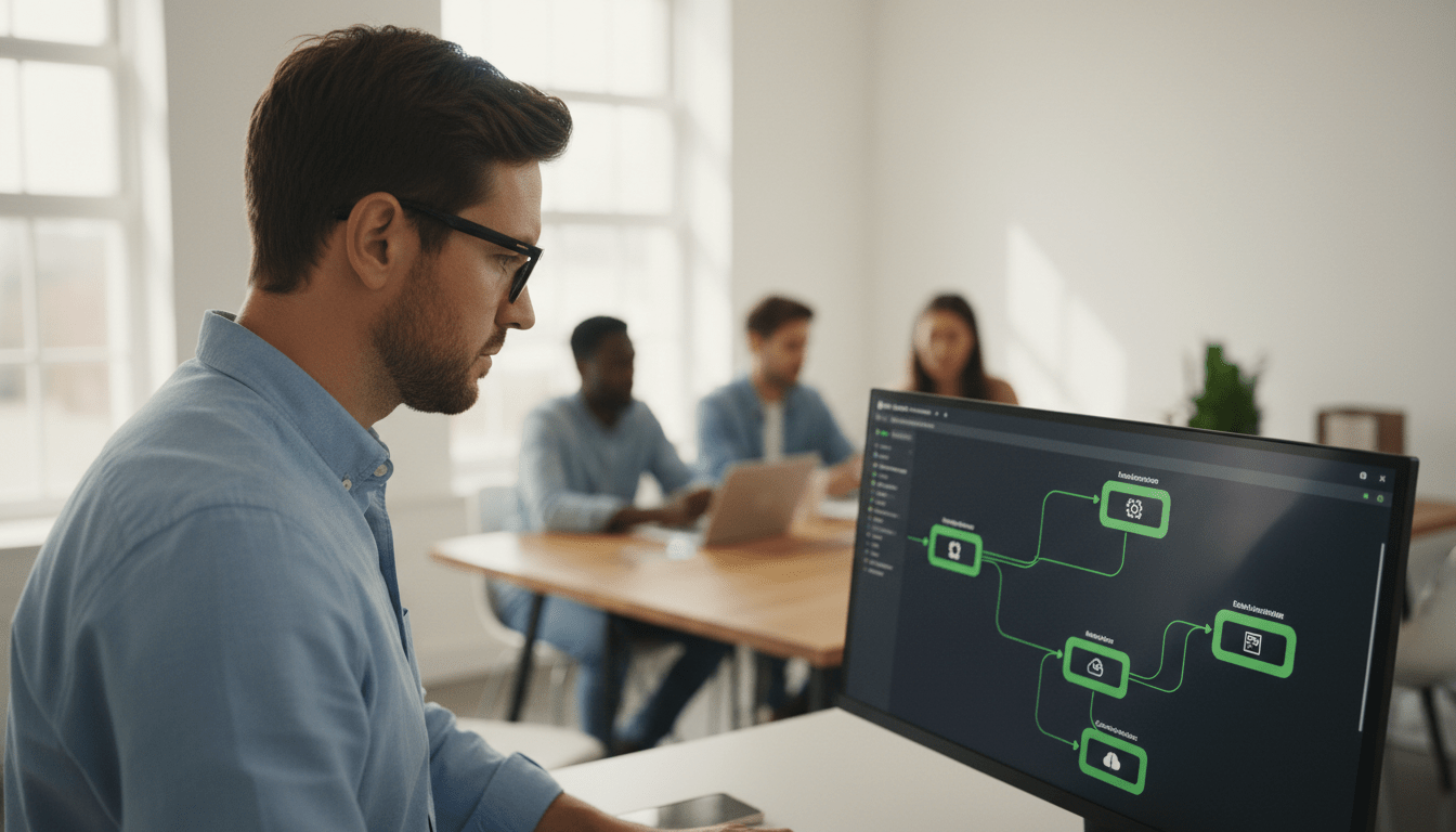 A man doing process automation with a team on the background